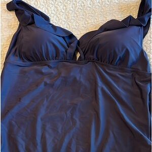 NWOT J Crew classic swimsuit in navy ruffle V style, size 2XL